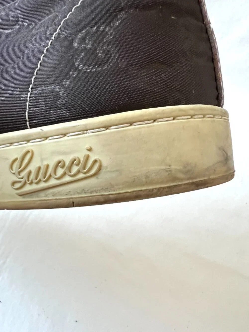 Gucci sneakers GG nylon brown leather 8.5 US 9 mens lace up high top shoes